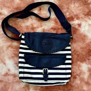 Navy Blue/White Striped Tory Burch Messenger Bag